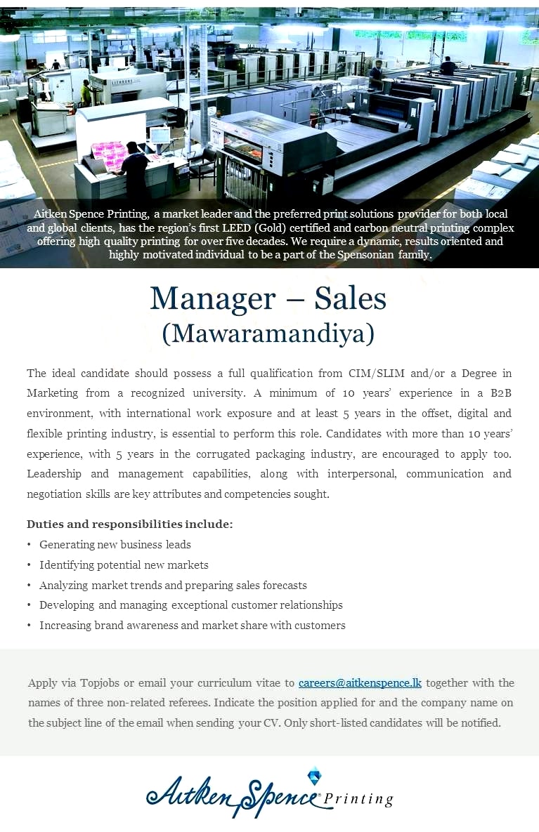 Manager (Sales) Job Vacancy in Mawaramandiya Aitken Spence PLC Jobs Vacancies