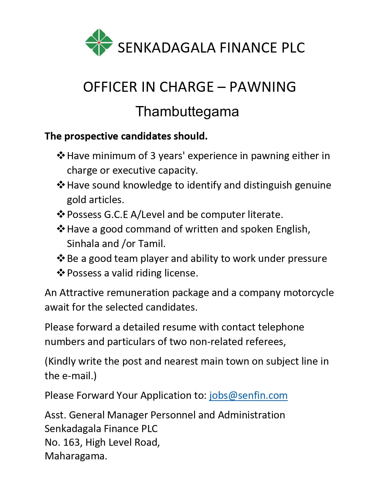 Ragama Job Vacancy 2022 at Senkadagala Finance - Officer in Charge Jobs Vacancies