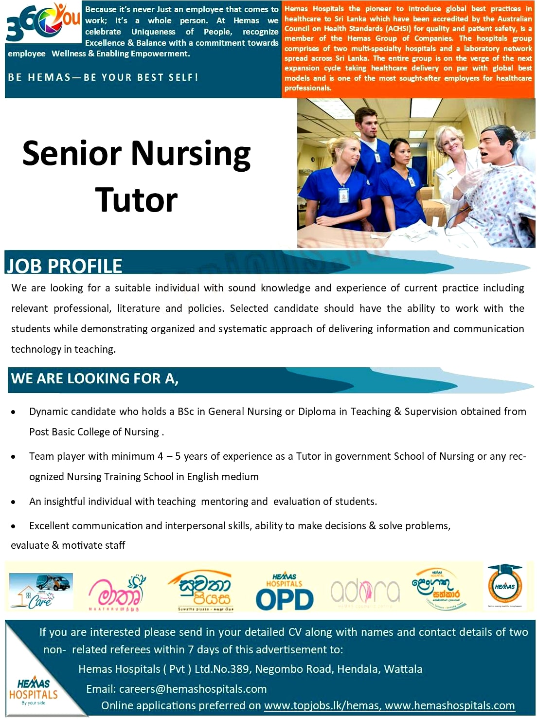 Senior Nursing Tutor Job Vacancy - Hemas Holdings PLC Jobs Vacancies