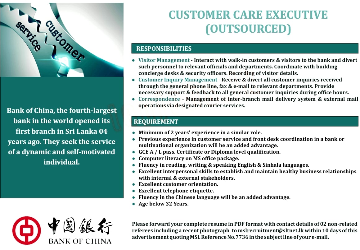 Customer Care Executive Job Vacancy in Bank of China Colombo Jobs Vacancies