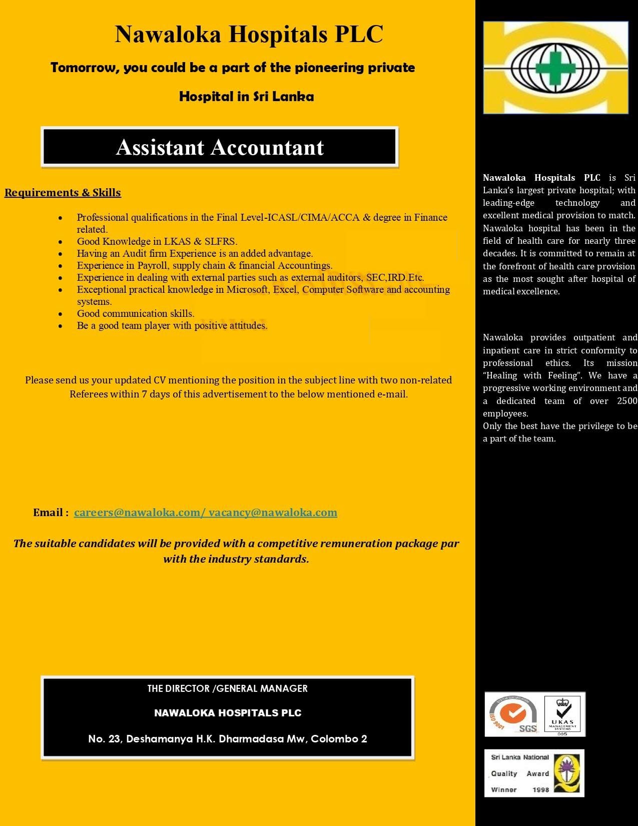 Assistant Accountant Job Vacancy – Nawaloka Hospitals Jobs Vacancies