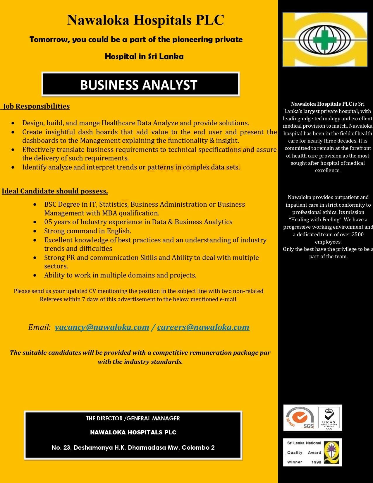 Business Analyst Job Vacancy – Nawaloka Hospitals Jobs Vacancies