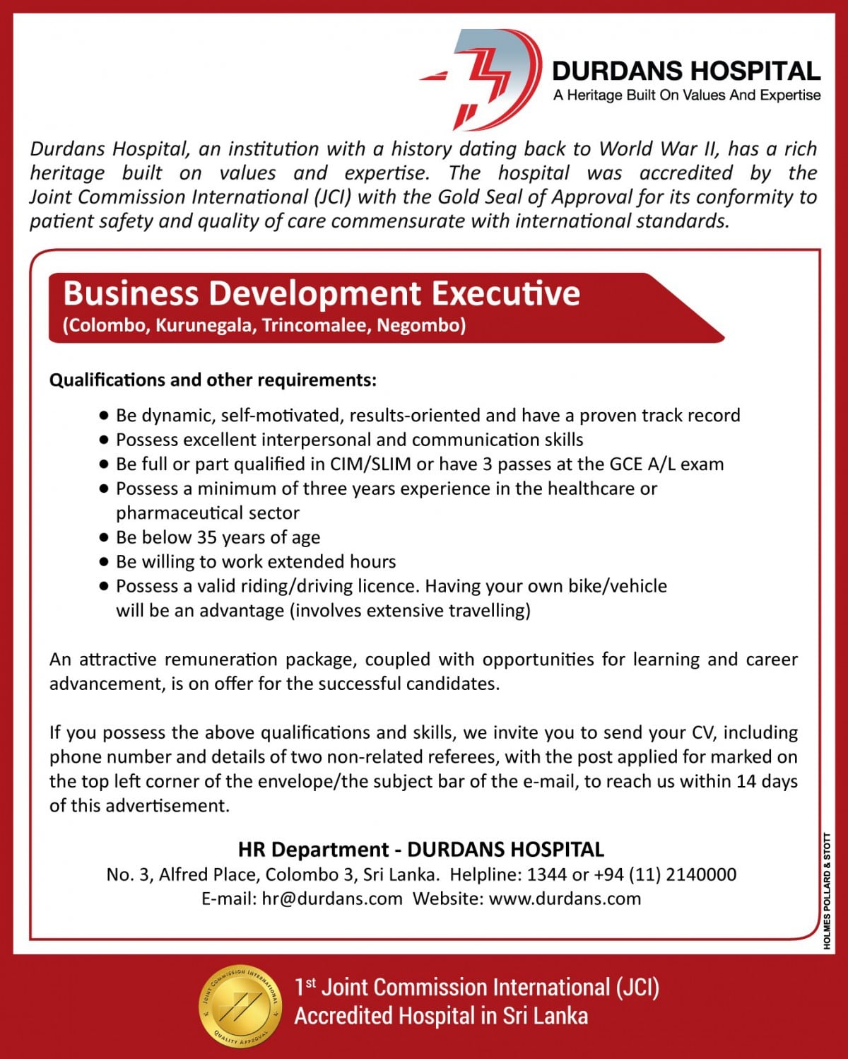 Business Development Executive Job Vacancy in Durdans Hospital Jobs Vacancies