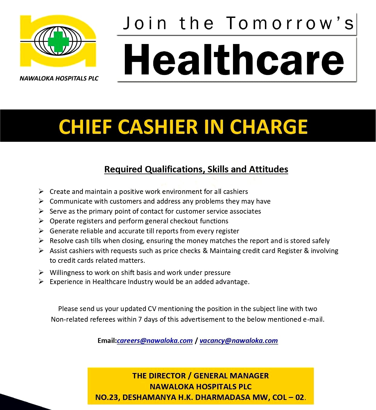 Chief Cashier In Charge Job Vacancy - Nawaloka Hospitals Jobs Vacancies