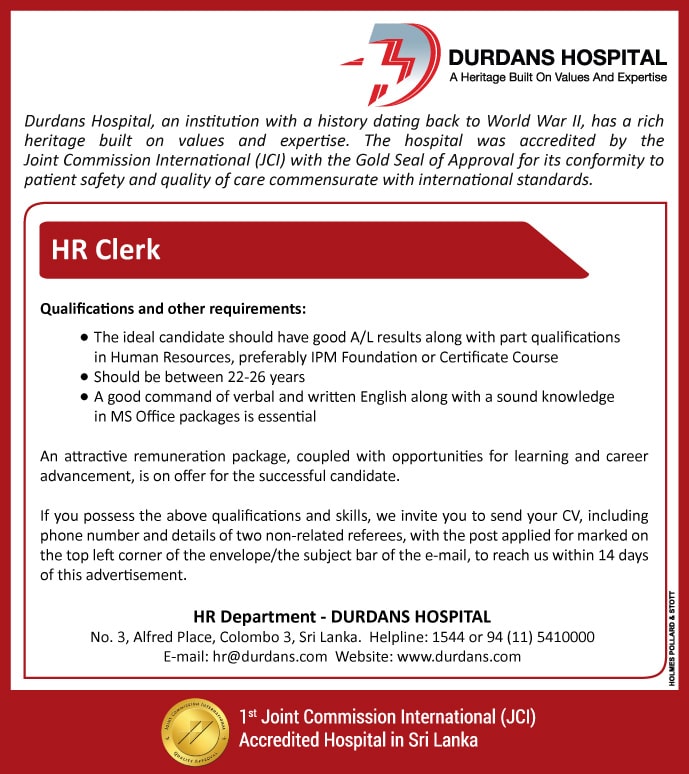HR Clerk Job Vacancy in Durdans Hospital Jobs Vacancies