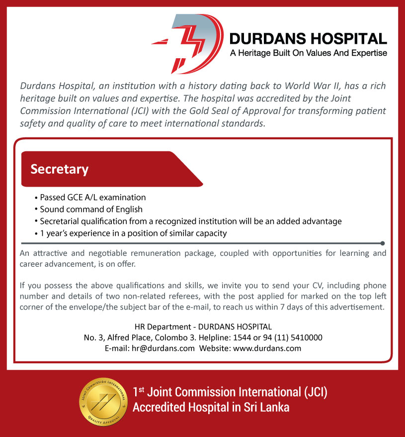 Secretary Job Vacancy in Durdans Hospital Jobs Vacancies Details, Application