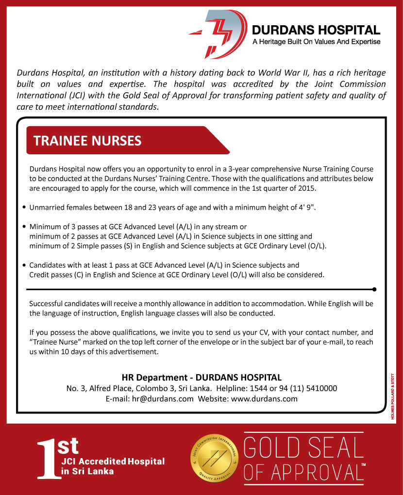 Trainee Nurse Job Vacancy in Durdans Hospital Jobs Vacancies