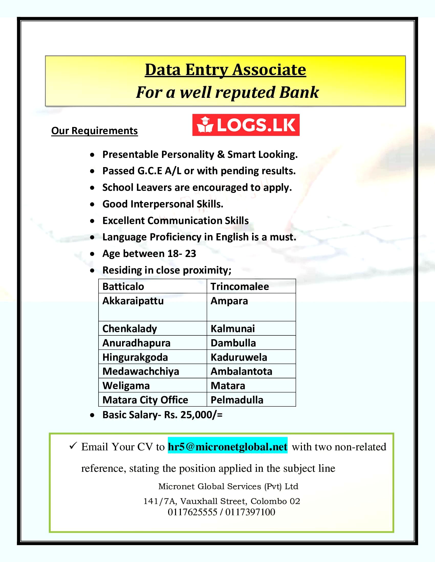 Data Entry Associate Job Vacancy - Micronet Global Services Jobs Vacancies