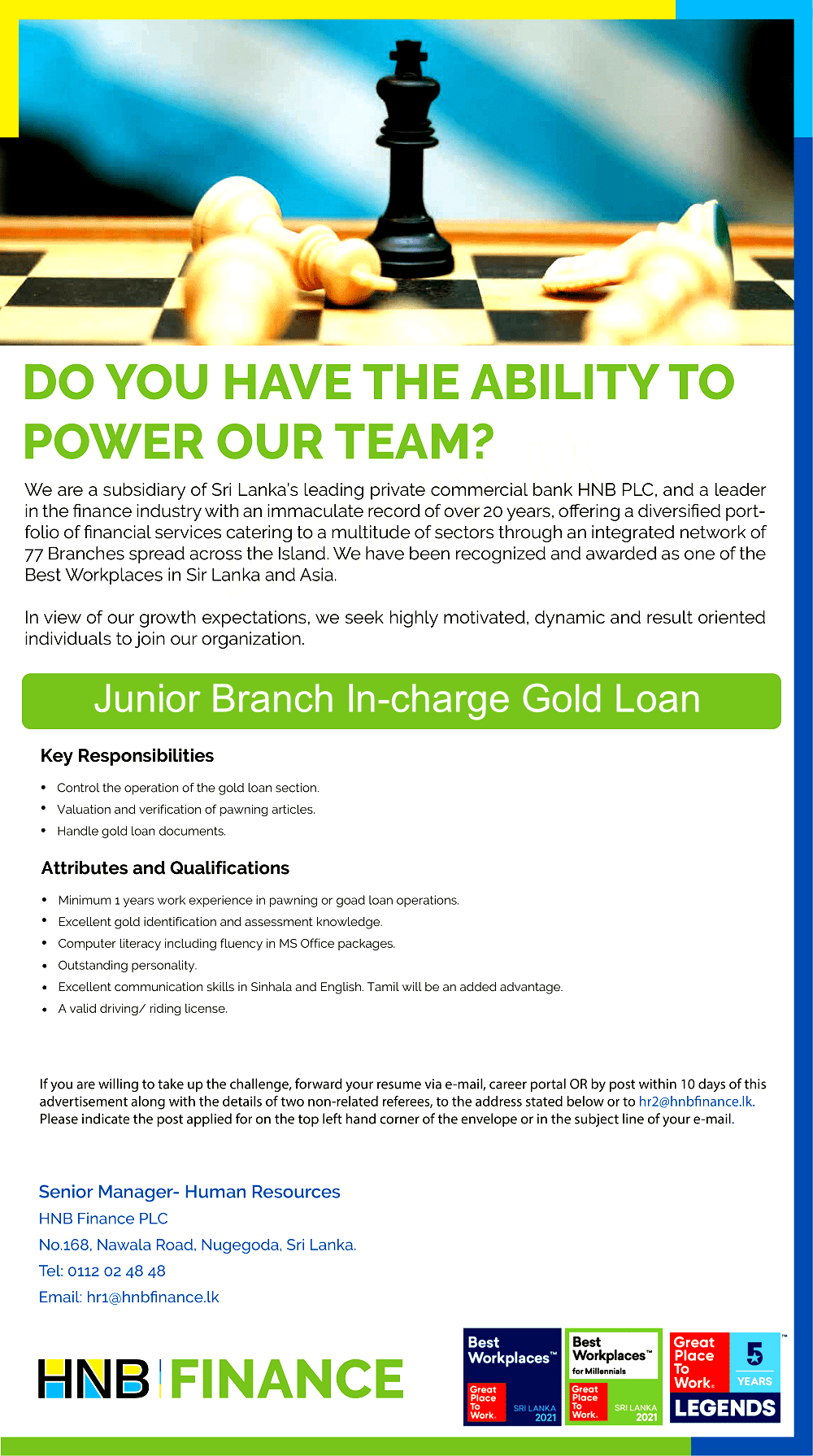 Junior Branch In-charge Gold Loan Job Vacancy - HNB Finance Jobs Vacancies