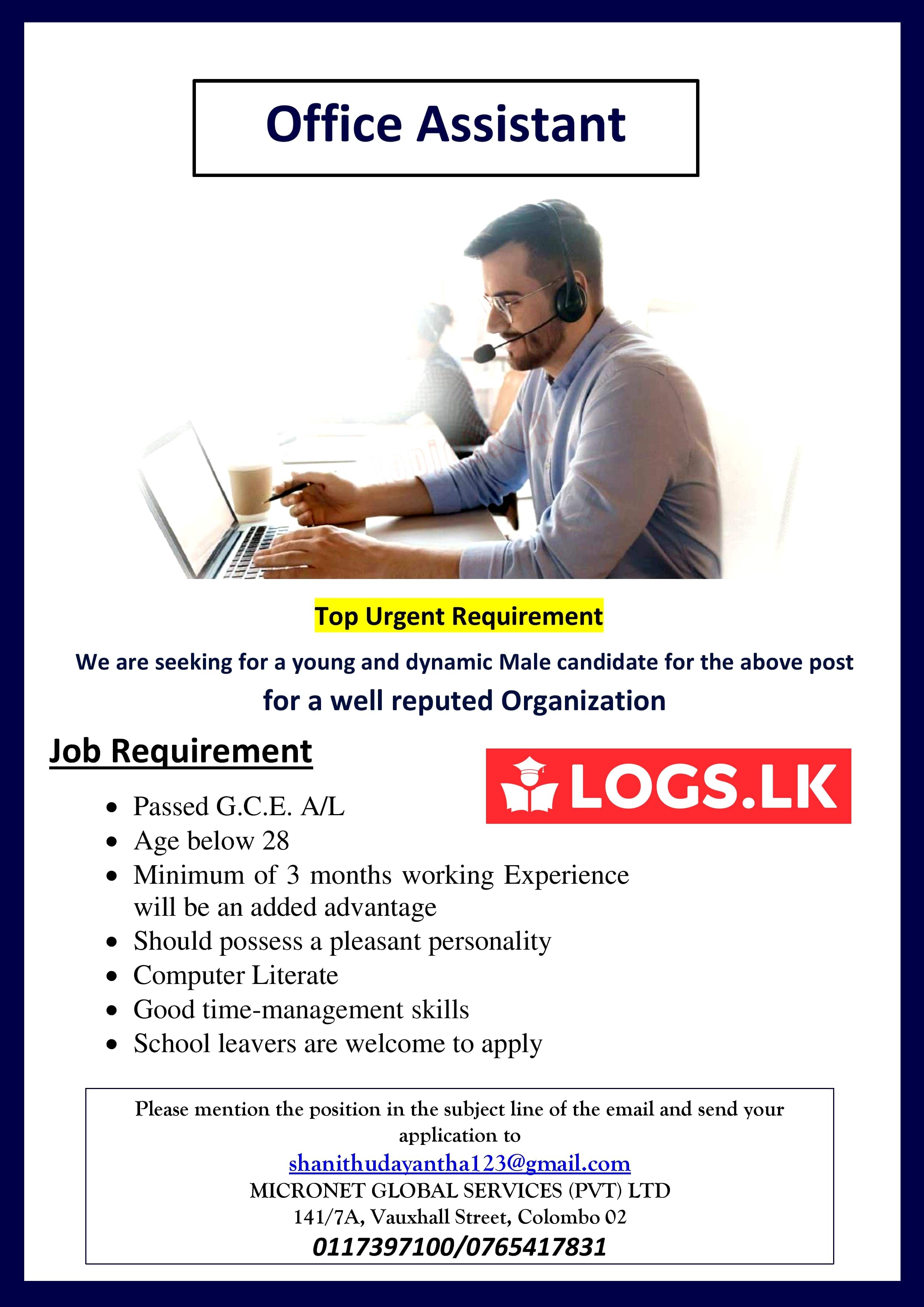 Office Assistant Job Vacancy - Micronet Global Services Jobs Vacancies