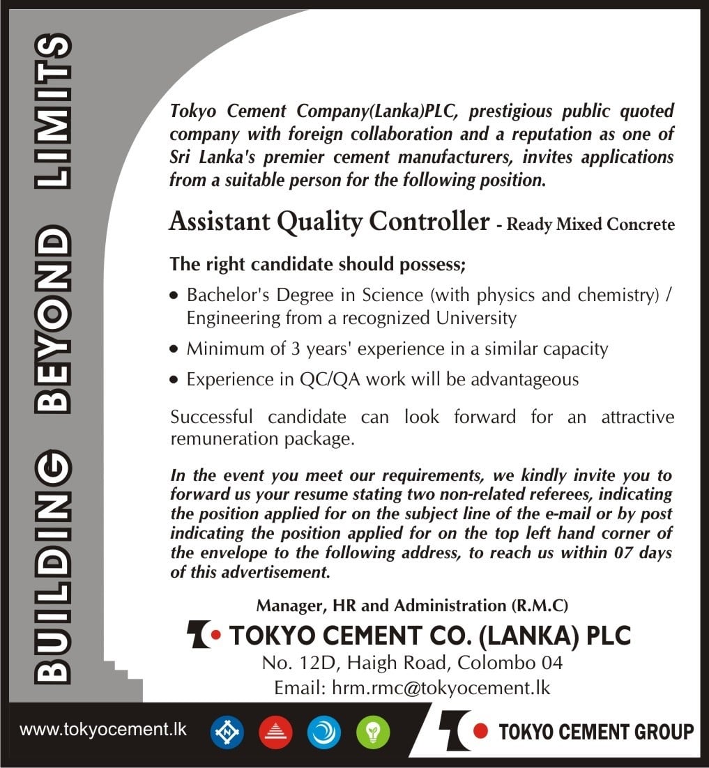 Assistant Quality Controller Job Vacancy - Tokyo Cement Company Jobs Vacancies