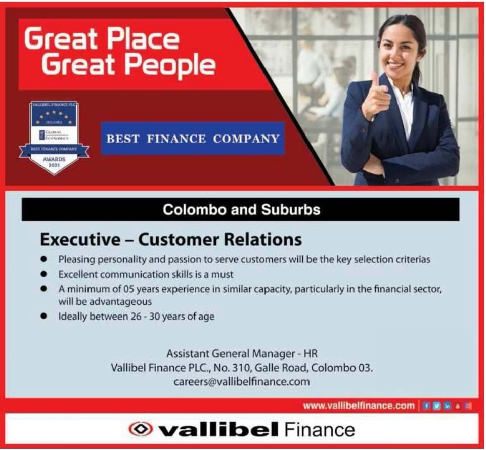 Executive (Customer Relations) Job Vacancy in Vallibel One PLC Jobs Vacancies