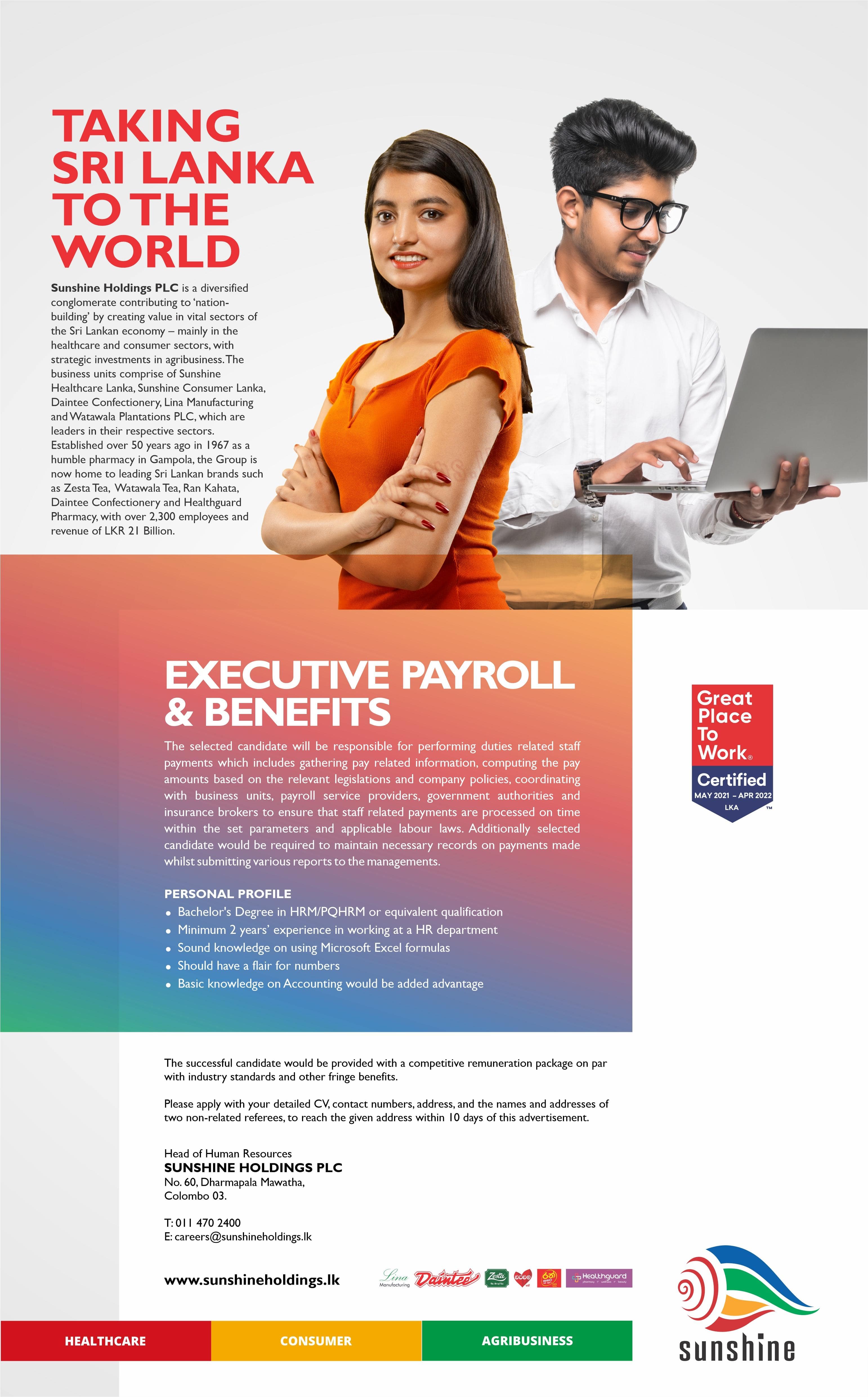 Executive - Payroll & Benefits Job Vacancy in Sunshine Holdings Jobs Vacancies
