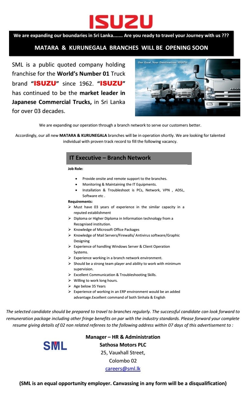 IT Executive (Branch Network) Jobs Vacancy in Sathosa Motors Jobs Vacancies