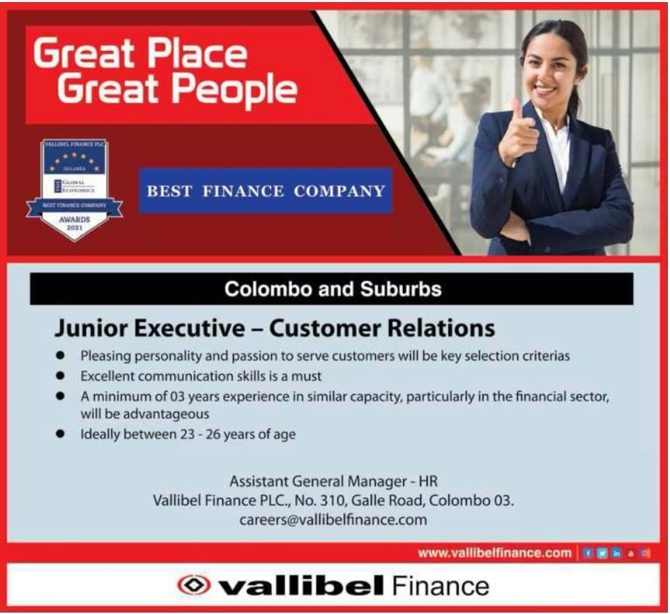 Junior Executive (Customer Relations) Job Vacancy in Vallibel One Jobs Vacancies