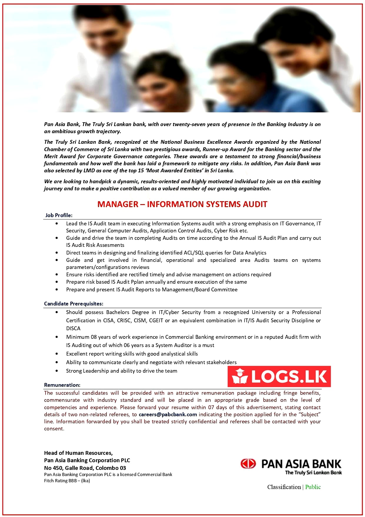 Manager (Information Systems Audit) Job Vacancy - Pan Asia Bank Jobs Vacancies