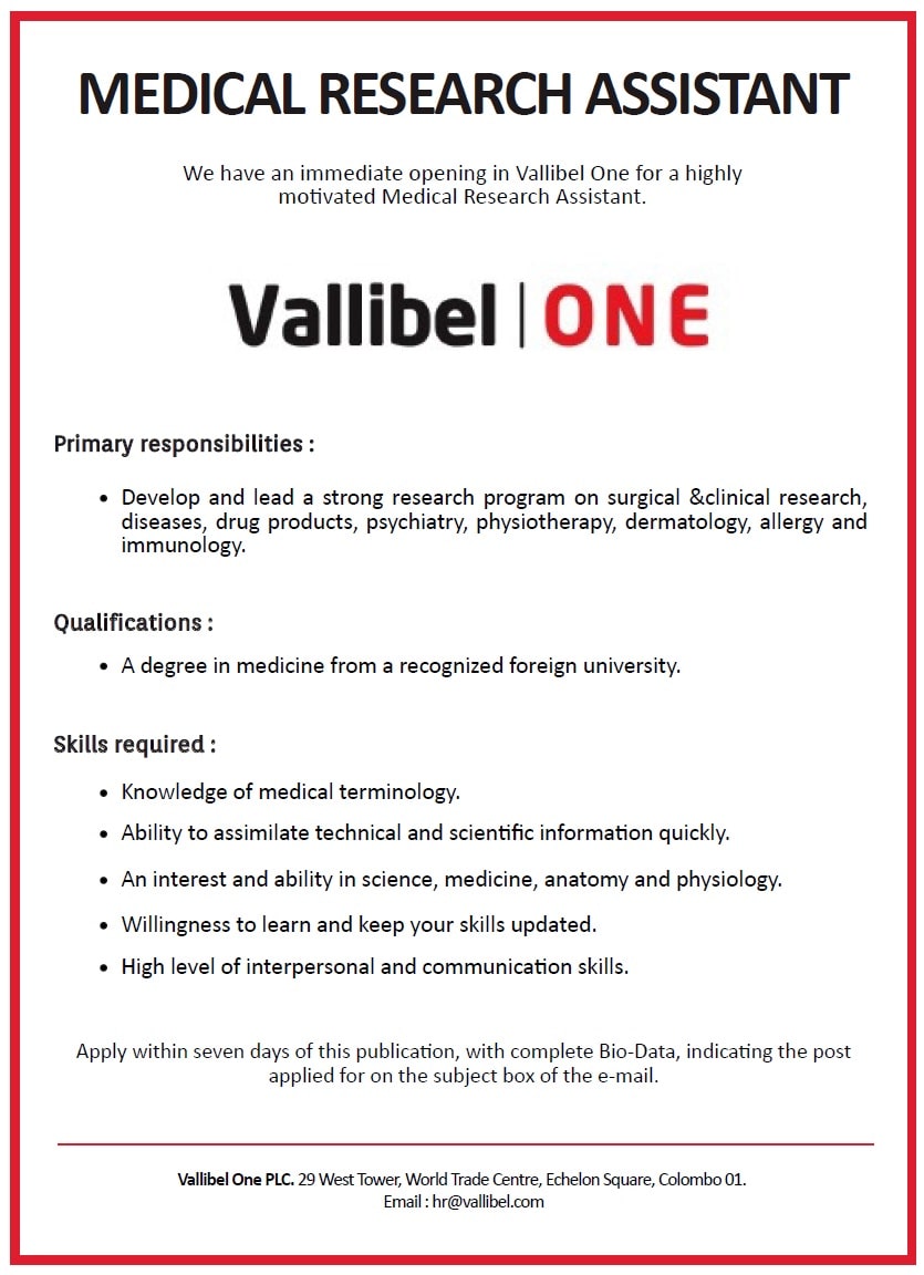 Medical Research Assistant Job Vacancy in Vallibel One PLC Jobs Vacancies