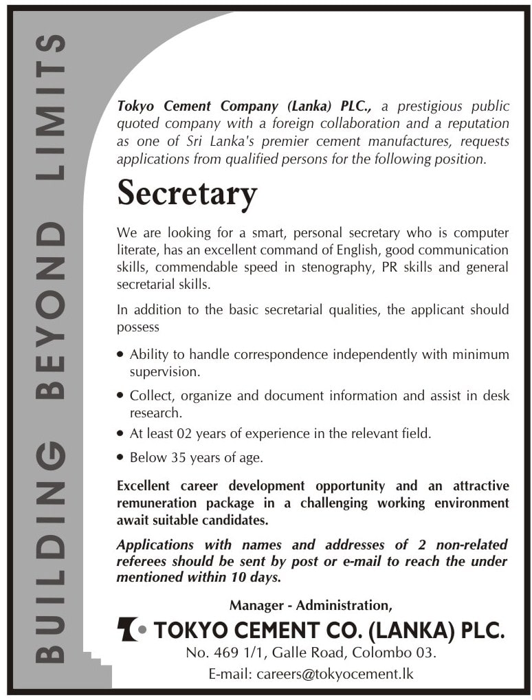 Secretary Job Vacancy – Tokyo Cement Company Jobs Vacancies