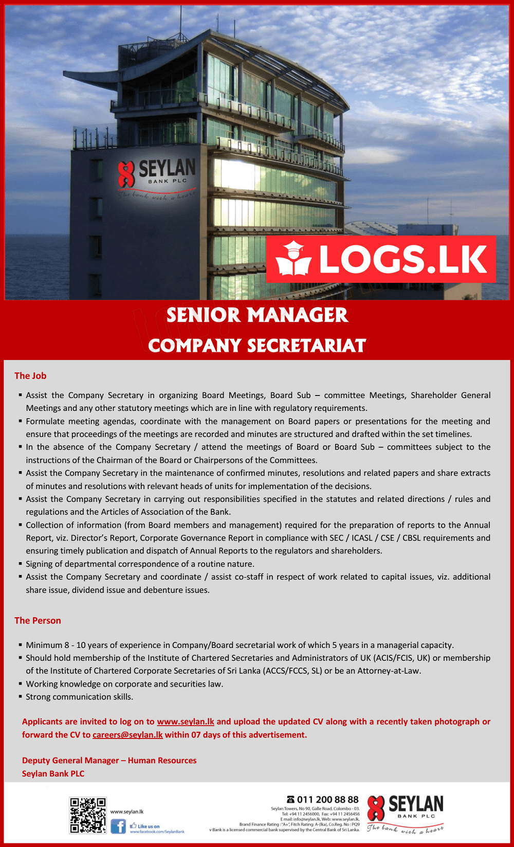 Senior Manager (Company Secretariat) Vacancy - Seylan Bank Jobs Vacancies