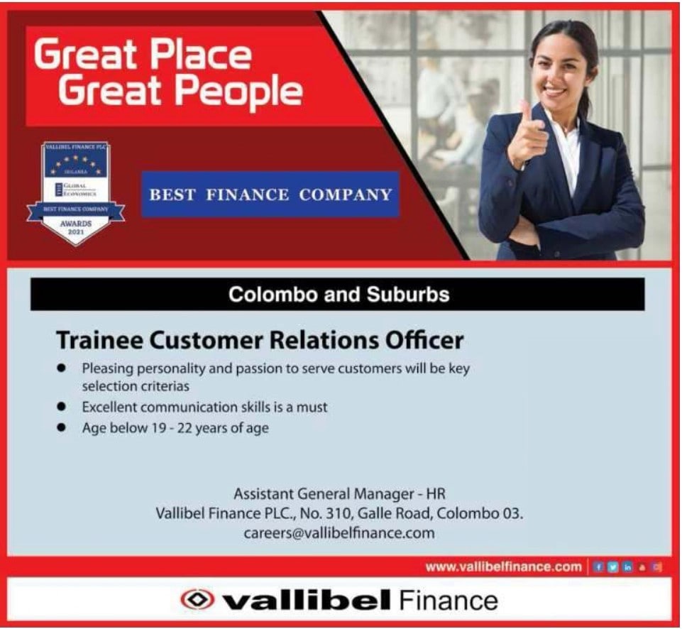 Trainee Customer Relations Officer Job Vacancy in Vallibel One Jobs Vacancies