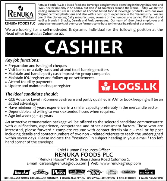 Cashier Job Vacancy in Renuka Foods PLC Jobs Vacancies