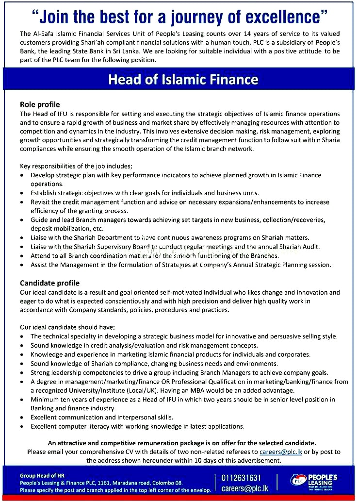 Head of Islamic Finance Job Vacancy - People's Leasing & Finance Jobs Vacancies