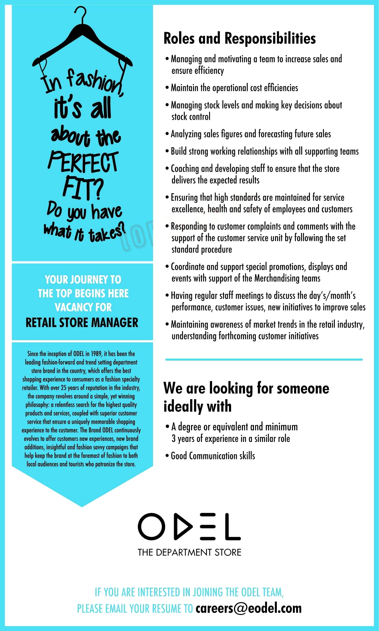 Retail Store Manager Job Vacancy in ODEL PLC Jobs Vacancies