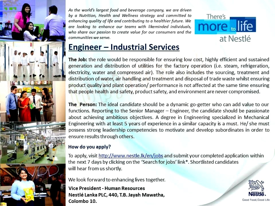 Engineer - Industrial Services Job Vacancy in Nestlé Lanka Jobs Vacancies