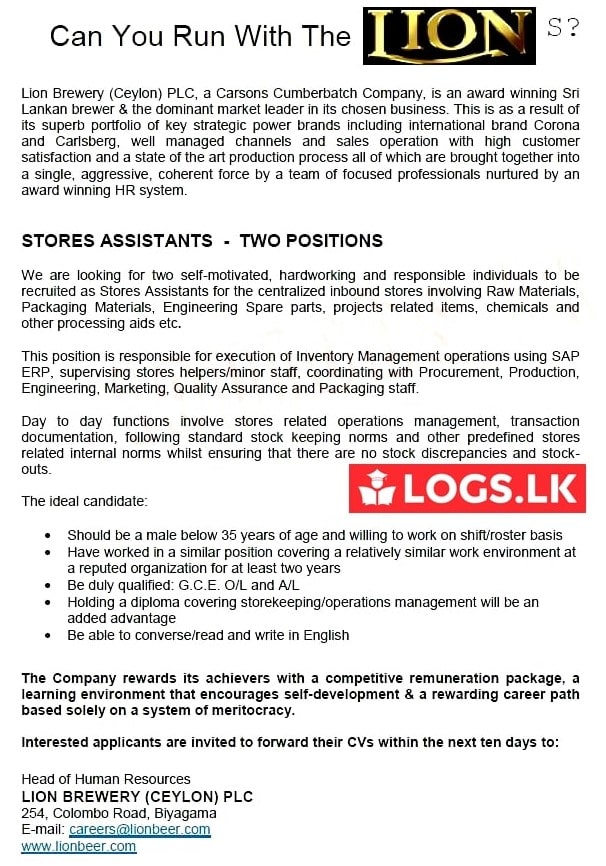 Stores Assistant Job Vacancy in Lion Brewery Ceylon PLC Jobs Vacancies