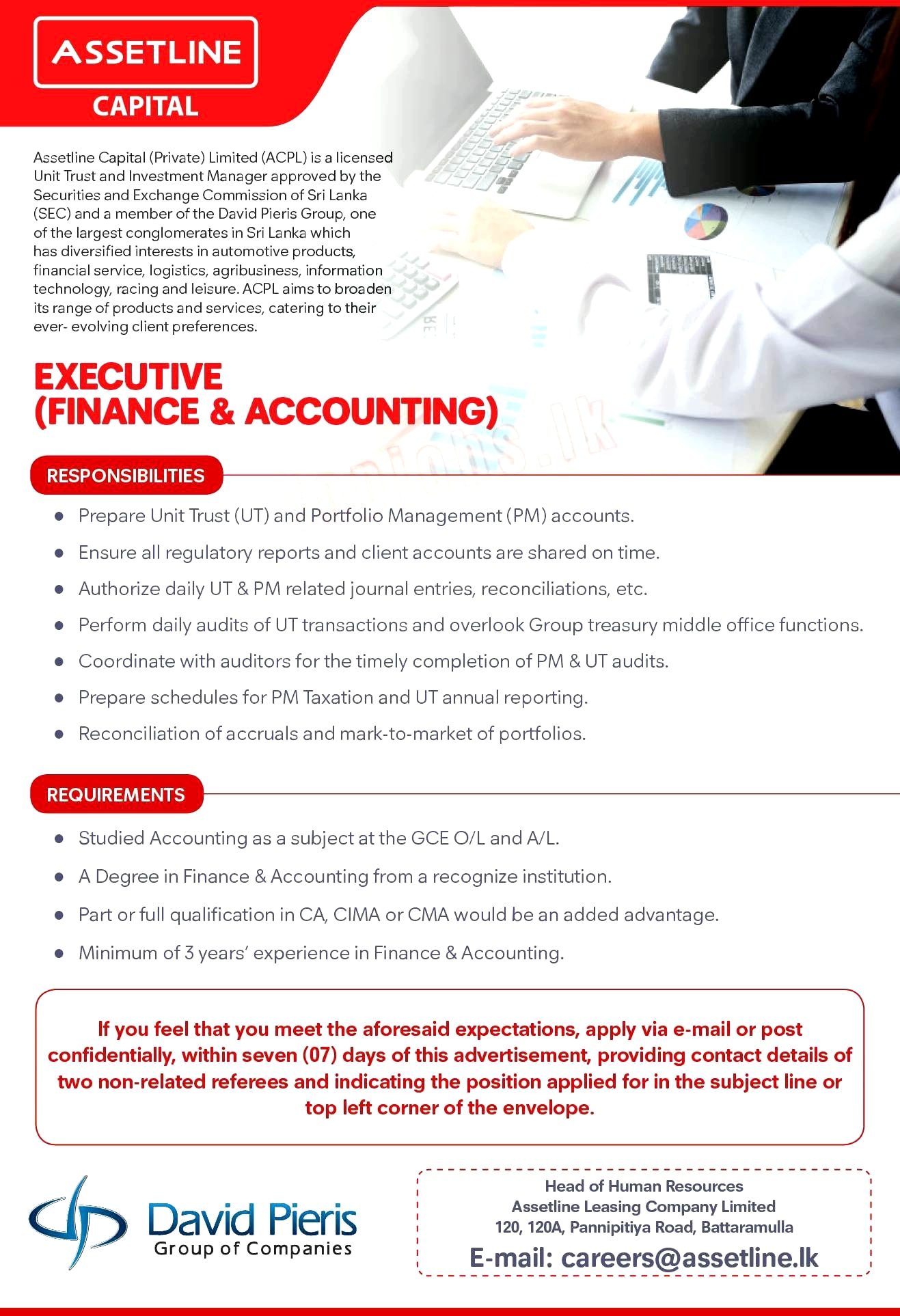 Executive - Finance & Accounting Job Vacancy in DPMC Assetline Jobs Vacancies