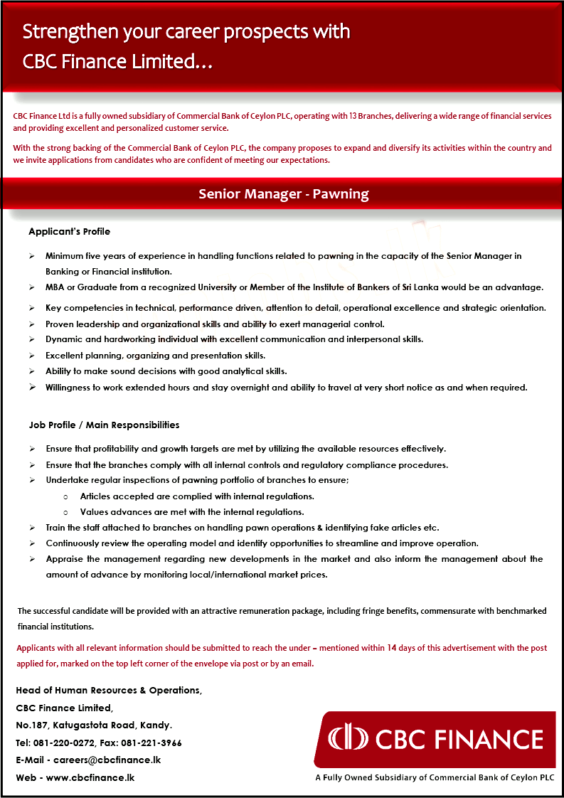 Senior Manager (Pawning) Job Vacancy in CBC Finance Jobs Vacancies