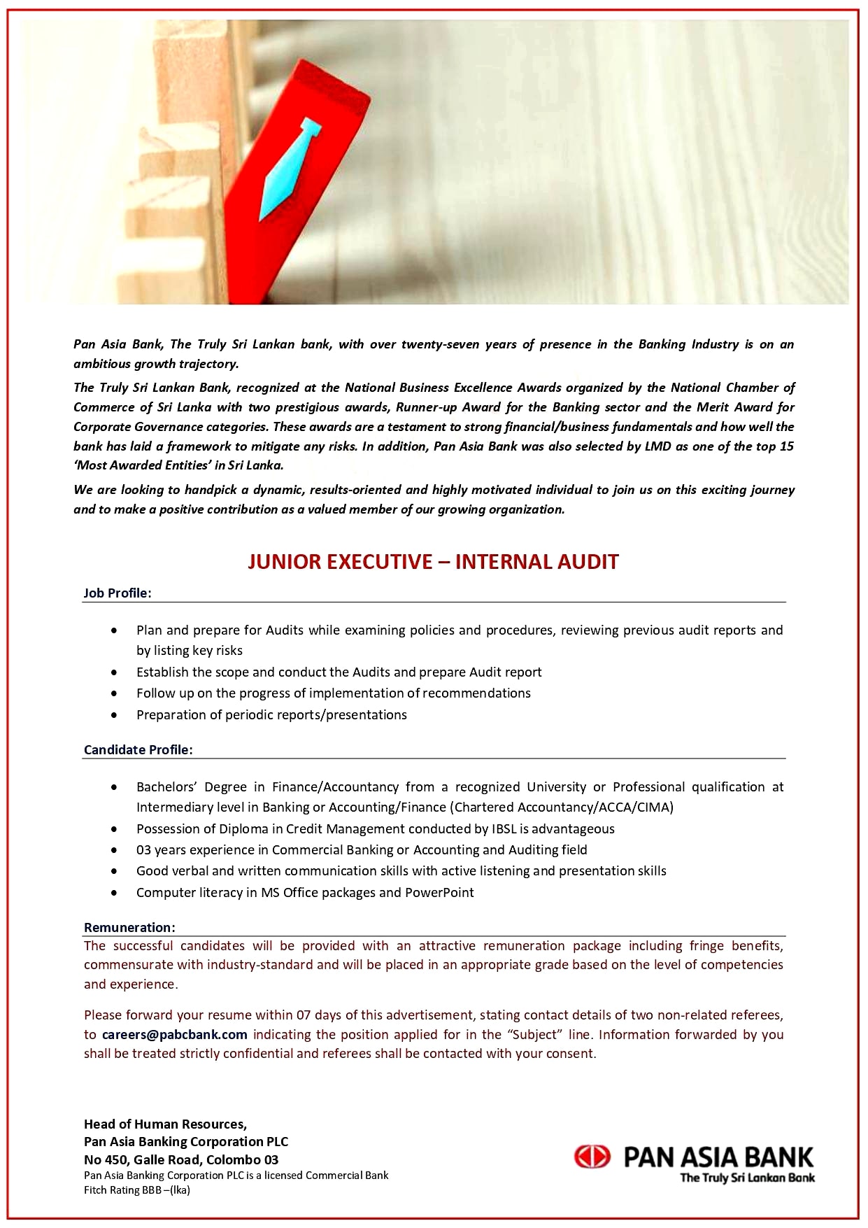 Junior Executive (Internal Audit) Job Vacancy - Pan Asia Bank Jobs Vacancies