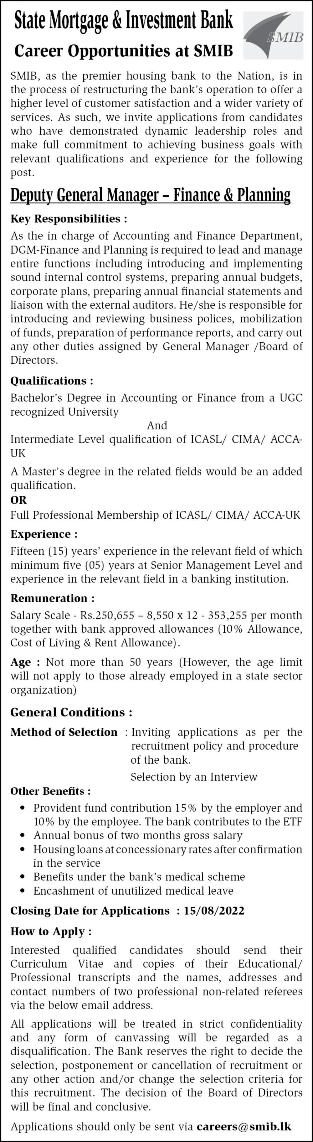 Deputy General Manager Job Vacancy 2022 in SMIB Bank Jobs Vacancies