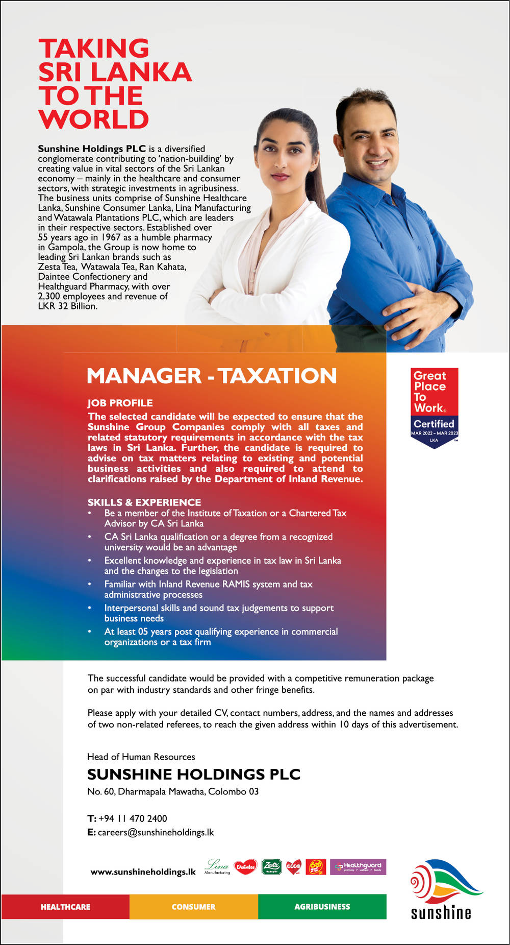 Manager (Taxation) Job Vacancy 2022 in Sunshine Holdings Jobs Vacancies