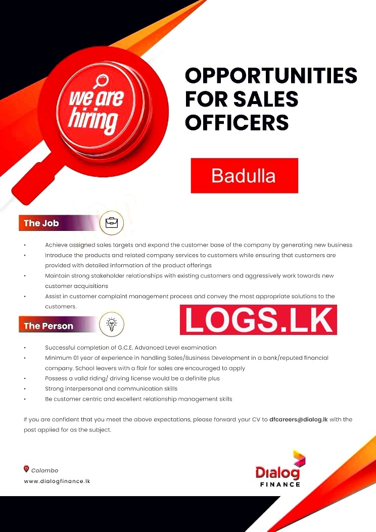 Sales Officers Job Vacancy in Badulla Dialog Finance Jobs Vacancies
