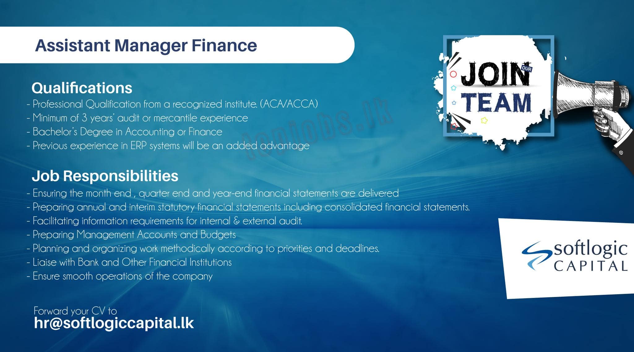 Assistant Manager - Finance Job Vacancy in Softlogic Capital Jobs Vacancies