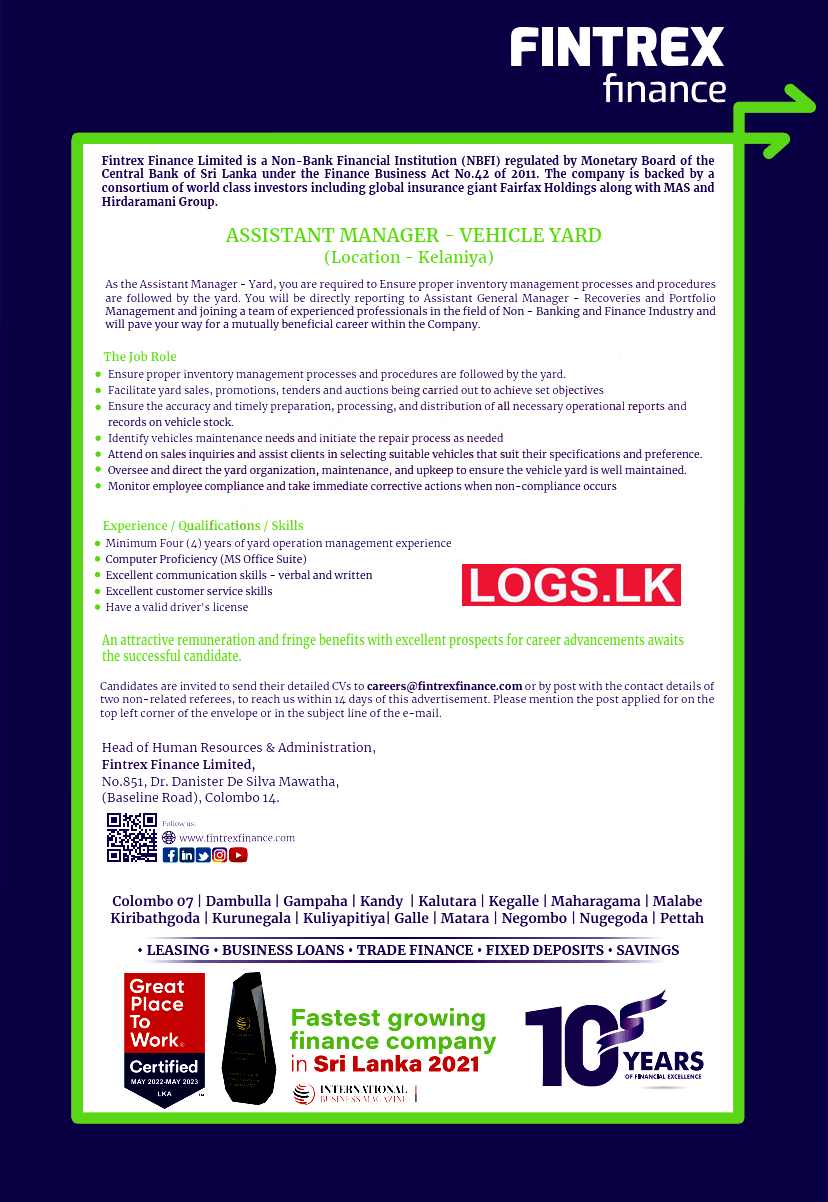 Assistant Manager - Vehicle Yard Job Vacancy in Fintrex Finance Jobs Vacancies