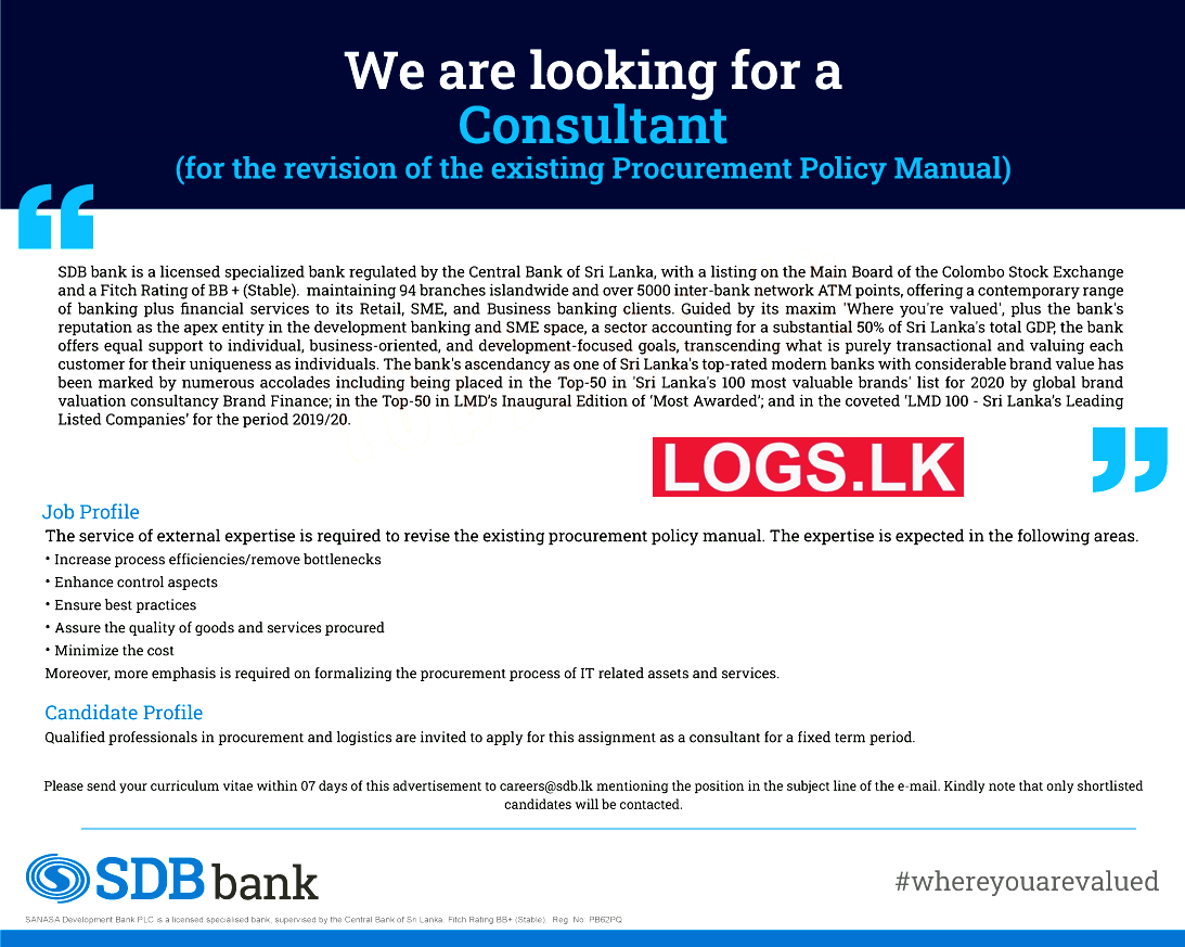 Consultant Job Vacancy in Sanasa Development Bank (SDB Bank) Jobs Vacancies