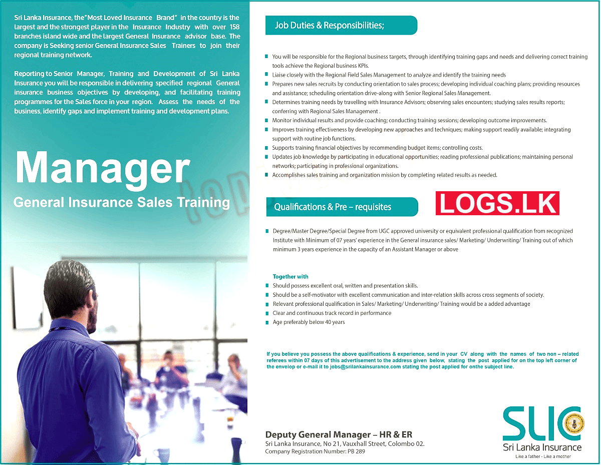Manager - General Insurance Sales Training - Sri Lanka Insurance Jobs Vacancies