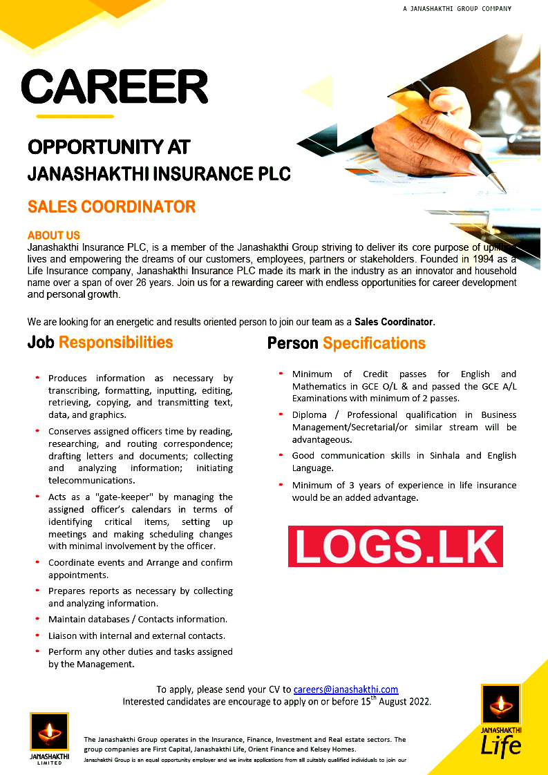 Sales Coordinator Job Vacancy in Janashakthi Insurance Jobs Vacancies