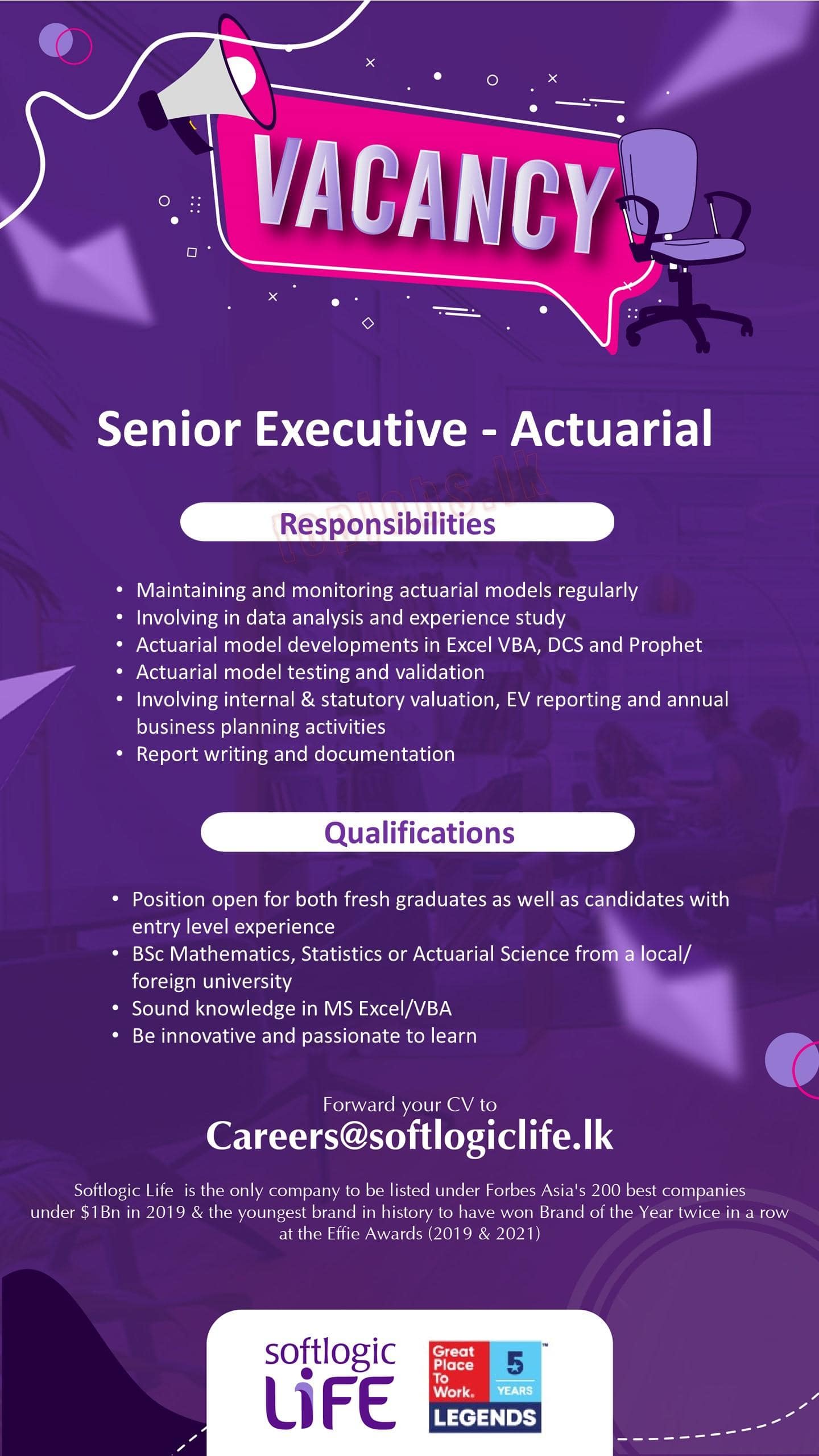 Senior Executive (Actuarial) Job Vacancy - Softlogic Life Insurance Jobs Vacancies