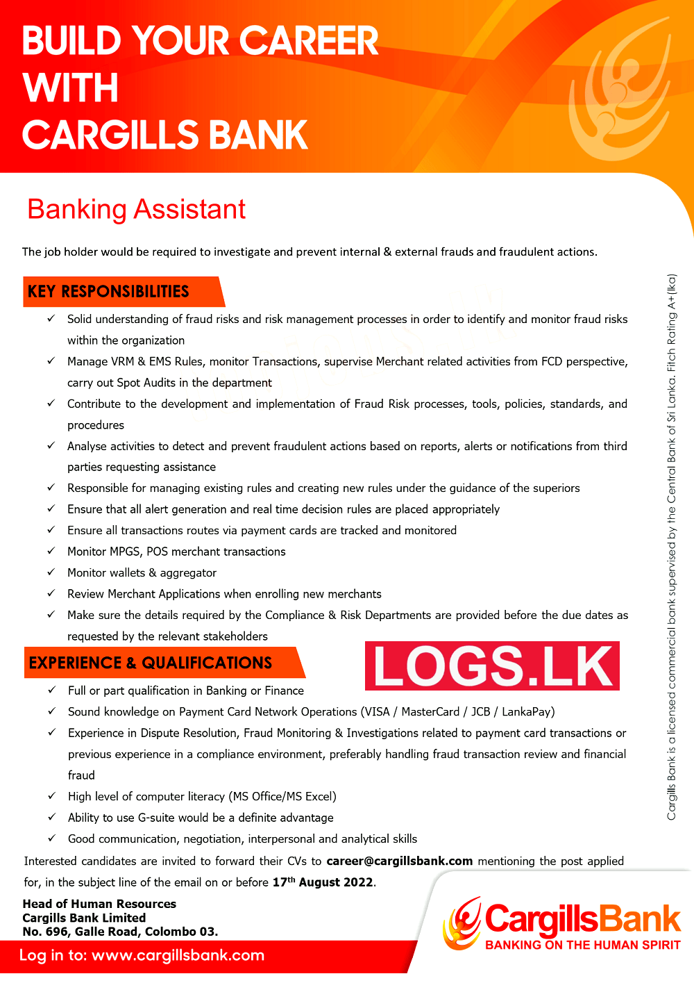 Banking Assistant Job Vacancy 2022 in Cargills Bank Jobs Vacancies