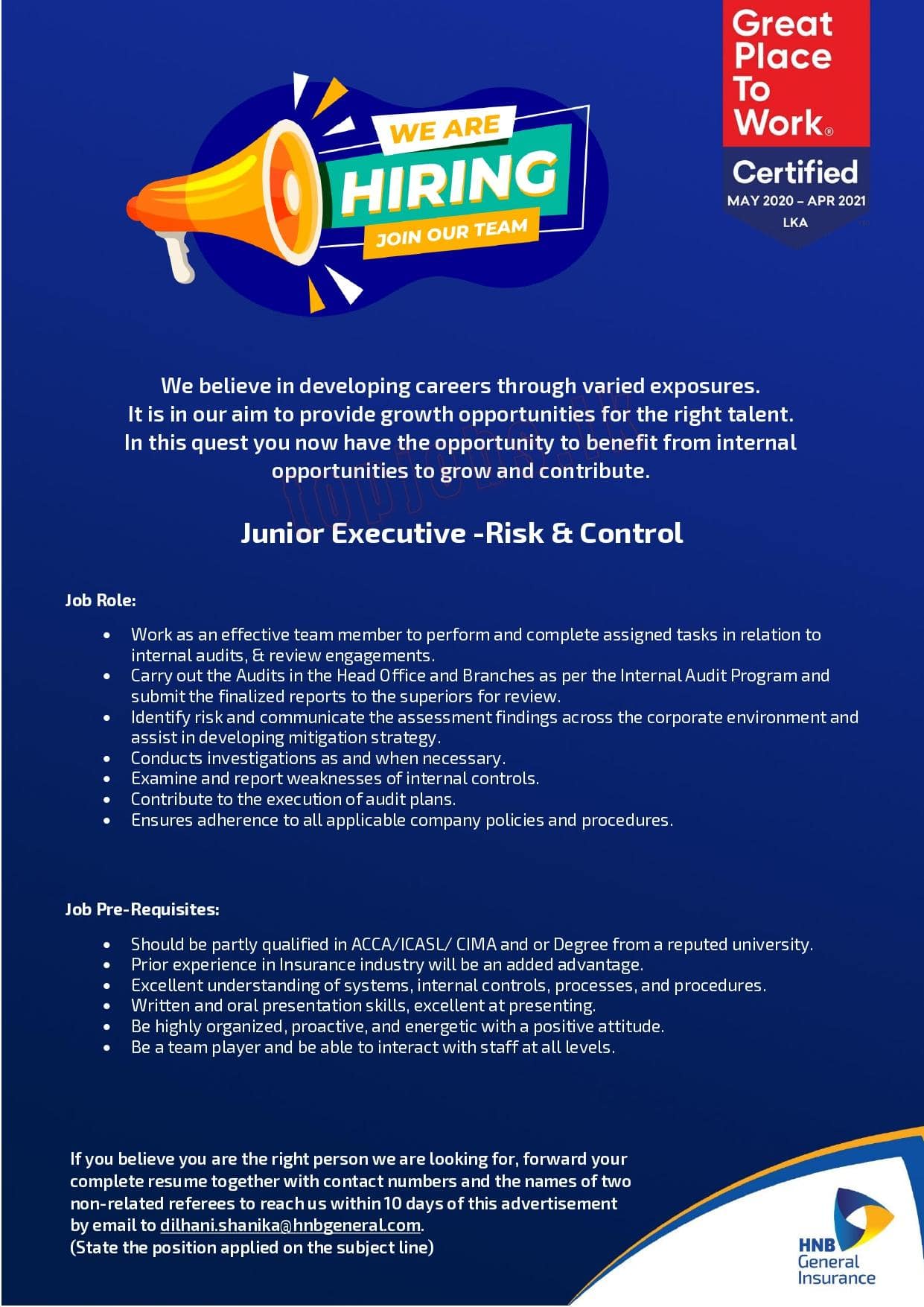 Junior Executive - Risk & Control - HNB General Insurance Jobs Vacancies