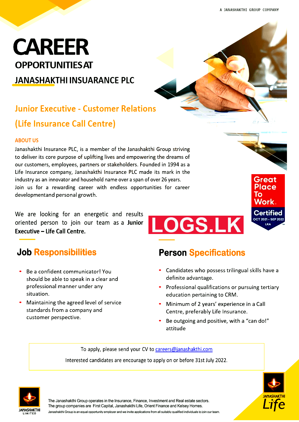 Junior Executive (Life Insurance Call Centre) - Janashakthi Insurance Jobs Vacancies