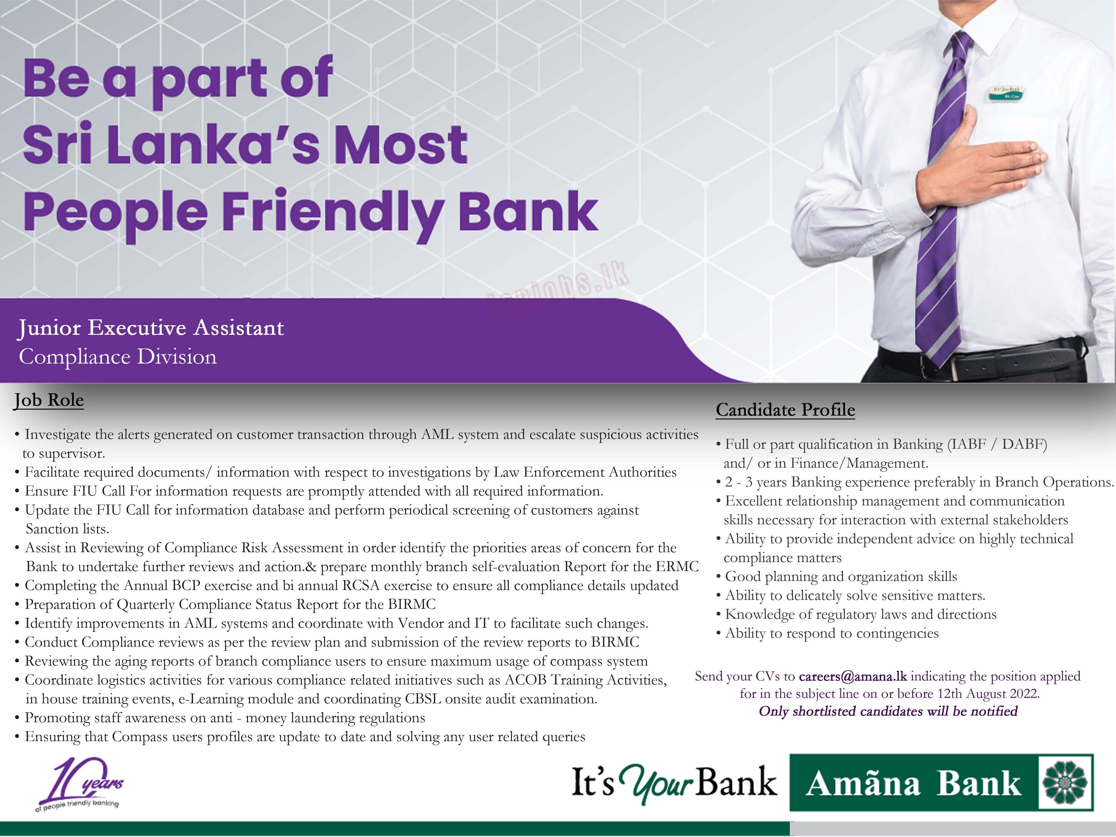 Junior Executive Assistant - Compliance Division - Amana Bank Jobs Vacancies