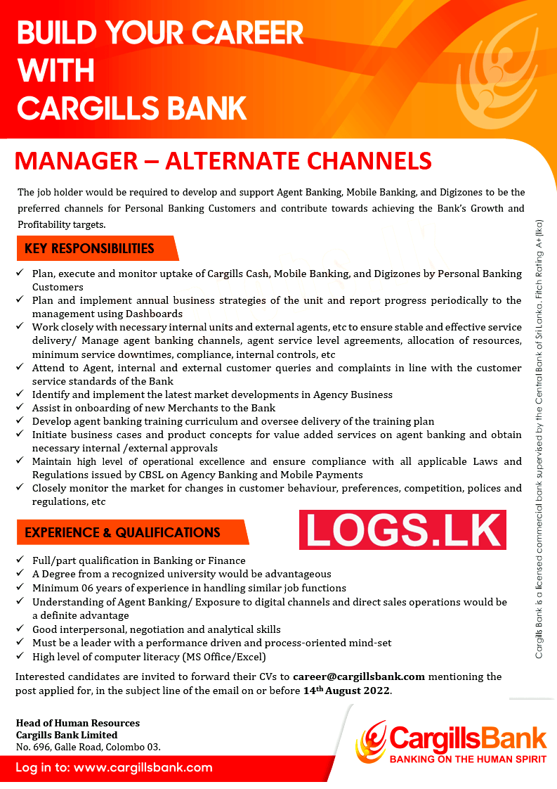 Manager - Alternate Channels Vacancy in Cargills Bank Jobs Vacancies