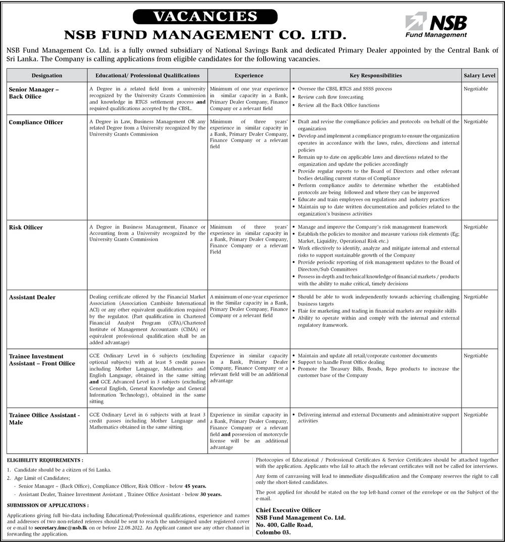 NSB Fund Management Co Ltd Jobs Vacancies 2022 Details, Application