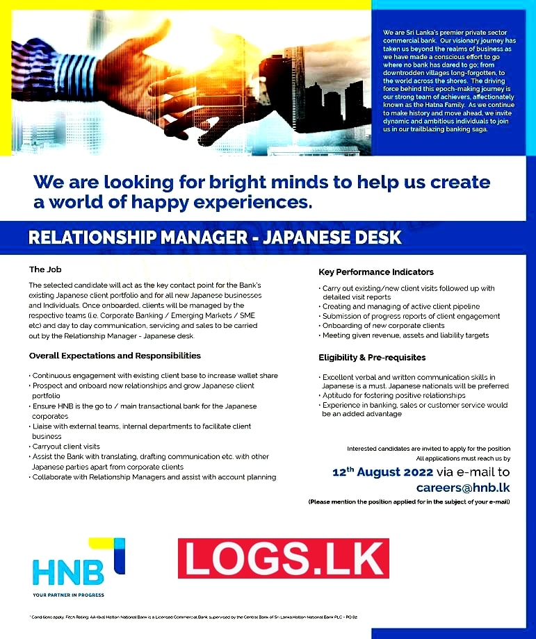 Relationship Manager - Japanese Desk Vacancy in HNB Bank Jobs Vacancies
