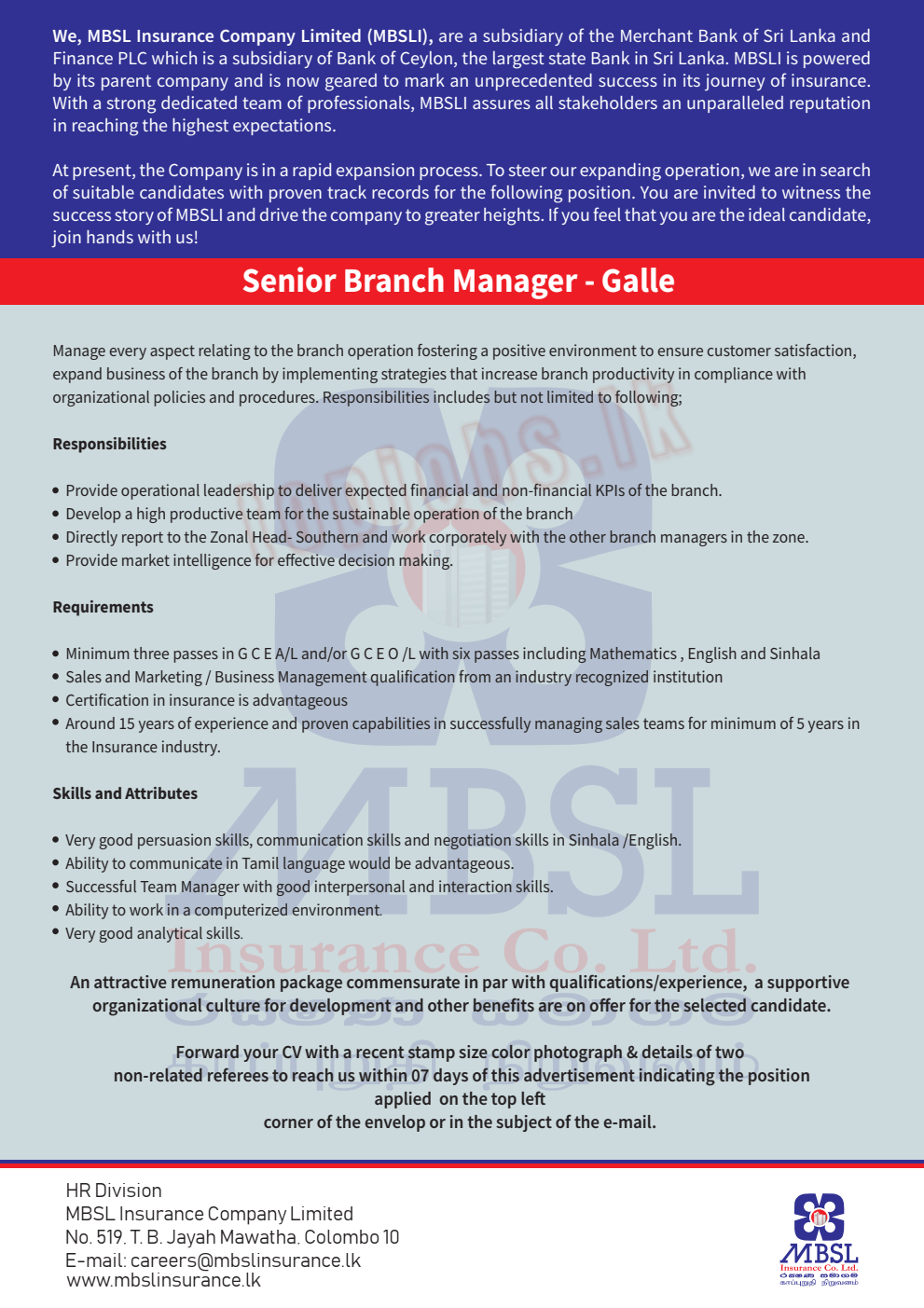Senior Branch Manager Vacancy in Galle MBSL Insurance Jobs Vacancies