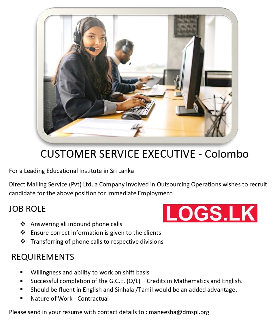 Customer Service Executives Vacancy in Direct Mailing Services Jobs Vacancies